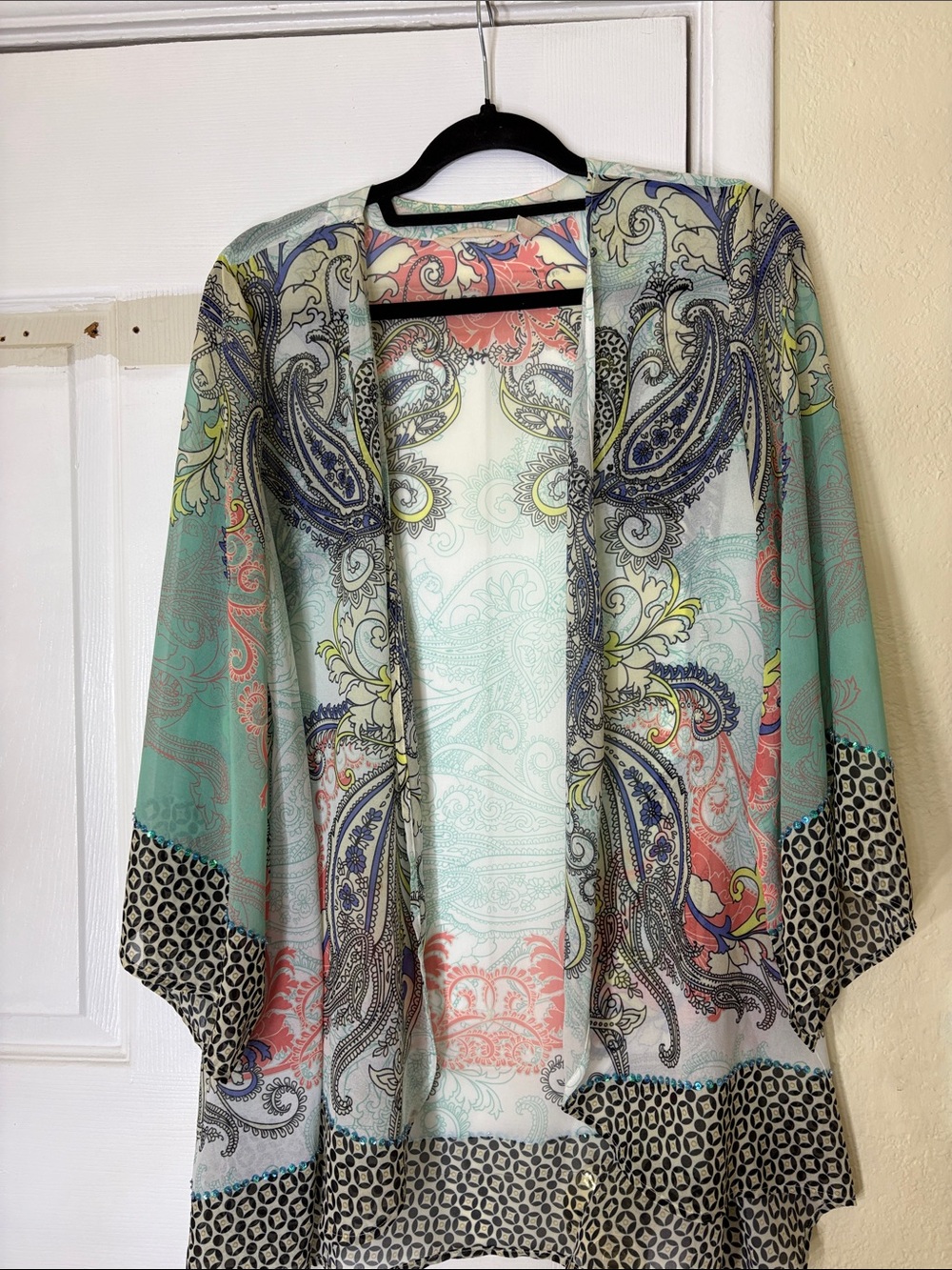 Soft Surroundings Sheer Paisley Kimono in Aqua, Coral and Cream